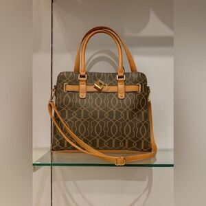 Women's Brown Lock & Key‎ Charm Gold Hardware Multi-Compartment Shoulder Bag